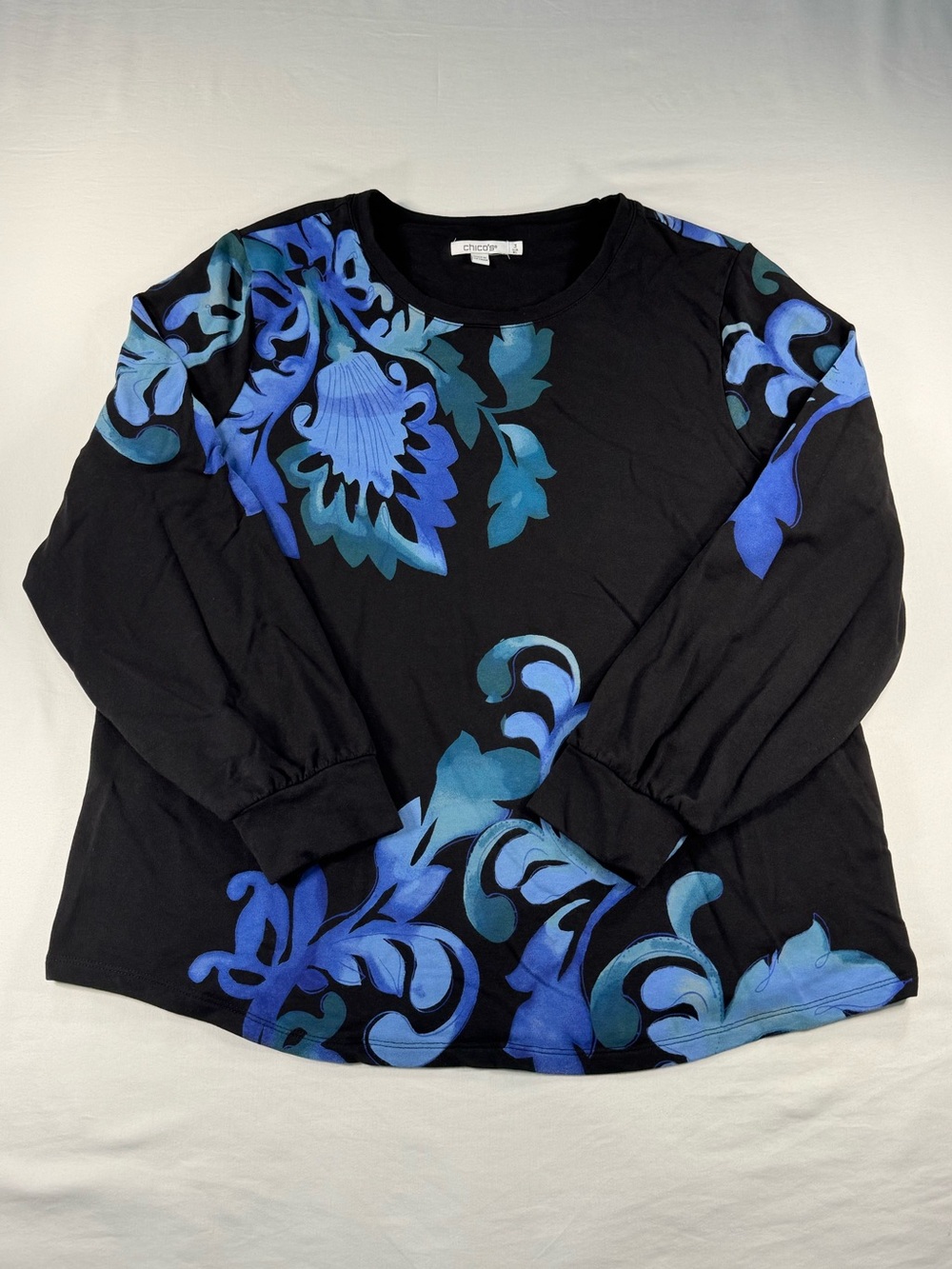 Chico's 3 Women’s XL Black Blue Floral Knit Long Sleeve Pullover Sweater Top